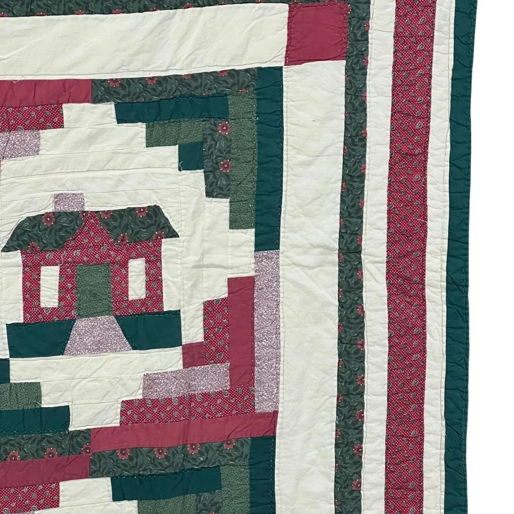 Handmade Log Cabin Schoolhouse Patchwork Quilt Green Cream Farmhouse 80x65
